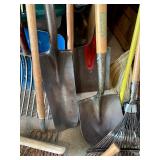 Assorted Yard and Garden Tools Lot Including Rakes, Shovels, Brooms, and More