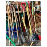 Assorted Yard and Garden Tools Lot Including Rakes, Shovels, Brooms, and More