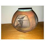 Handcrafted Signed Raku Pottery Vase with Abstract Design