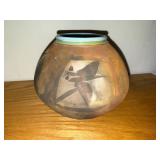 Handcrafted Signed Raku Pottery Vase with Abstract Design