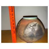 Handcrafted Signed Raku Pottery Vase with Abstract Design