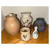 Collection of 5 Artisan Studio Pottery Vases and Candle Holder