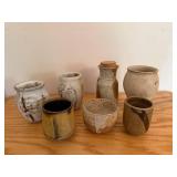 Collection of 7 Studio Pottery Cups and Jars, Signed Ceramic Pieces