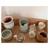 Collection of 8 Studio Art Pottery Pitchers, Cups and Creamers - Signed