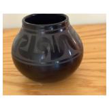 Signed Blackware Pottery Vase with Native Design, 4 Inch