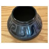 Signed Blackware Pottery Vase with Native Design, 4 Inch