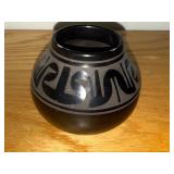 Signed Blackware Pottery Vase with Native Design, 4 Inch