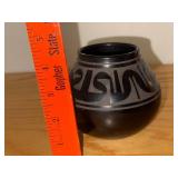 Signed Blackware Pottery Vase with Native Design, 4 Inch