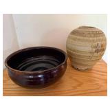 Handmade Pottery Bowl and Vase Set with Artist Signatures