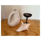 Decorative Lot: Oneida Stoneware Pitcher, Silver-Plated Goblet, and Conch Shell