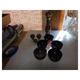 Decorative Set with Vintage Bowls, Brass Bell Orbs, and Painted Wooden Vase