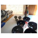 Decorative Set with Vintage Bowls, Brass Bell Orbs, and Painted Wooden Vase