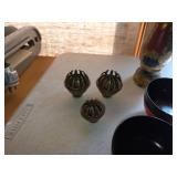 Decorative Set with Vintage Bowls, Brass Bell Orbs, and Painted Wooden Vase