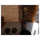 Decorative Set with Vintage Bowls, Brass Bell Orbs, and Painted Wooden Vase
