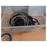 Assorted Audio and Data Cables in Plastic Storage Bin