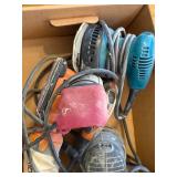 Box of Mixed Power Tools Including Sanders and Router