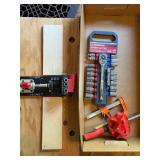 Woodworking Jig, Crescent Socket Set, and Heavy-Duty Clamp