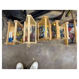 Set of 7 Wooden Tool Caddies with Assorted Hand Tools and Hardware