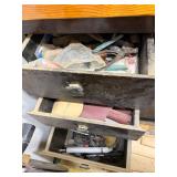 Assorted Hand Tools, Sandpaper, and Hardware Lot in Drawers
