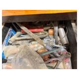 Assorted Hand Tools, Sandpaper, and Hardware Lot in Drawers