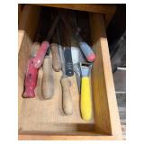Wooden Drawer Cabinet with Assorted Hand Tools and Hardware