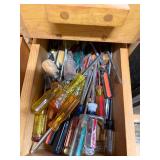 Wooden Drawer Cabinet with Assorted Hand Tools and Hardware