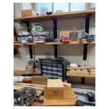 Mixed Lot of Scrap Wood, Small Hardware, and Wooden Storage Box