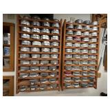 Collection of Metal Lidded Storage Tins in Wood Organizer Racks