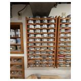 Collection of Metal Lidded Storage Tins in Wood Organizer Racks