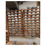 Collection of Metal Lidded Storage Tins in Wood Organizer Racks