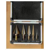 Lot of Step Drill Bits, Tap and Die Set, Rockler Hex Bits, and Gauges