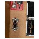 Lot of Step Drill Bits, Tap and Die Set, Rockler Hex Bits, and Gauges