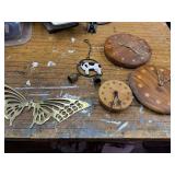 Assorted Wall Decor Lot with Wood Clocks and Brass Butterfly
