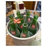 Lot of 7 Vintage 7up Glass Bottles and Diet Coke Glass Bottle