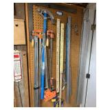 Clamp and Measuring Tool Lot with Bar Clamps, Squares, and Levels