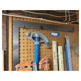 Clamp and Measuring Tool Lot with Bar Clamps, Squares, and Levels