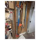 Clamp and Measuring Tool Lot with Bar Clamps, Squares, and Levels