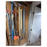 Clamp and Measuring Tool Lot with Bar Clamps, Squares, and Levels
