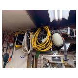Workshop Power Cords, Reel, Knee Pads, and Hand Tools Assortment
