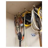 Workshop Power Cords, Reel, Knee Pads, and Hand Tools Assortment