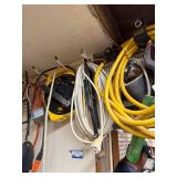 Workshop Power Cords, Reel, Knee Pads, and Hand Tools Assortment