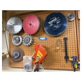 Assorted Saw Blades, Push Blocks, and Accessories for Woodworking