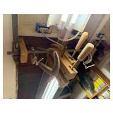Collection of Vintage Woodworking Clamps and Wood Hand Screw Vise
