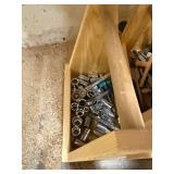 Wooden Hand Tool Caddy with Assorted Hardware and Tools