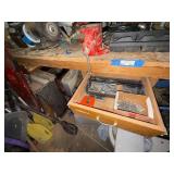 Workbench Lot with Bench Vise, Grinder, Hardware, and Tools