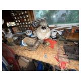 Workbench Lot with Bench Vise, Grinder, Hardware, and Tools