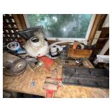 Workbench Lot with Bench Vise, Grinder, Hardware, and Tools