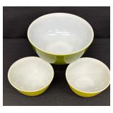 Vintage Verde Green Pyrex Mixing Bowl and Two Vintage Yellow Pyrex Mixing Bowls