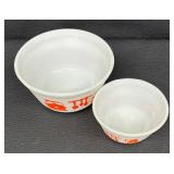 Two Hazel Atlas Orange Kitchen Aids / Dutch Treat Scalloped Rim Bowls