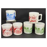 Set of 6 Vintage Milk Glass Mugs with Davy Crockett and Wyatt Earp Designs